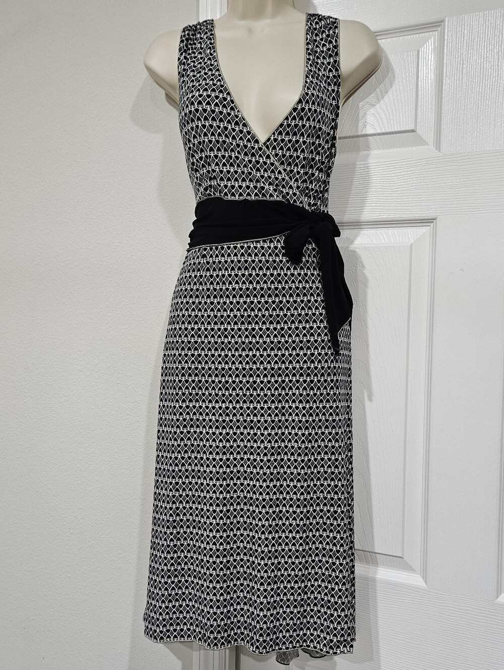Max Studio Black and White Geometric V-Neck Wrap Midi Dress